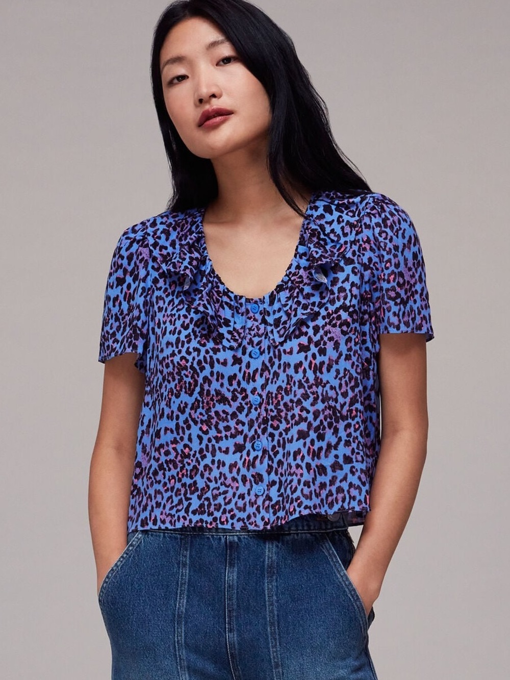 WHISTLES Purple Animal Cheetah Blouse Sz 6 Frill Collar Button Front Top